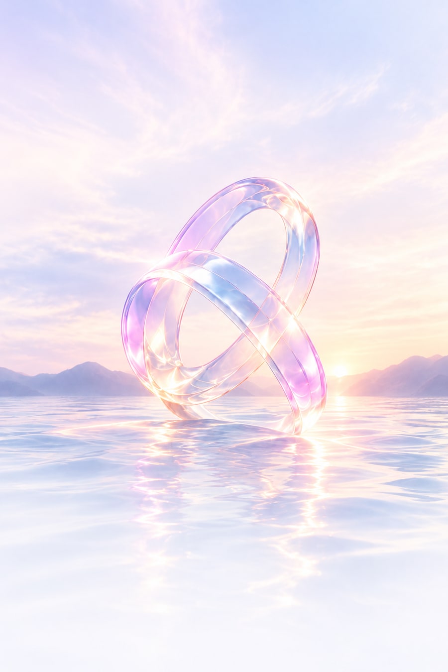 虹彩玻璃双环浮在平静水面上